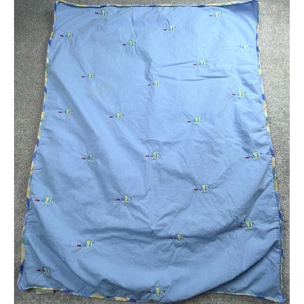 Pottery Barn Kids Blue Embroidered Fish Plaid Trim Fleece Reversible Blanket